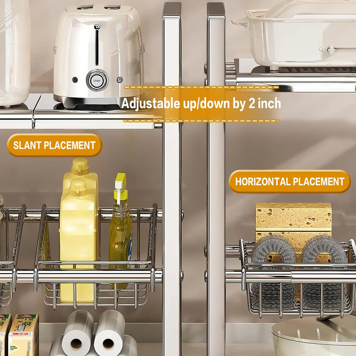 ADVEZO Large Under Sink Organizer 2 Tier Expandable Heavy Stainless Steel Shelf Adjustable Height for Under Kitchen Bathroom Sink Organizers and Storage (Large Size: 4 Panels 4 Storage Baskets)