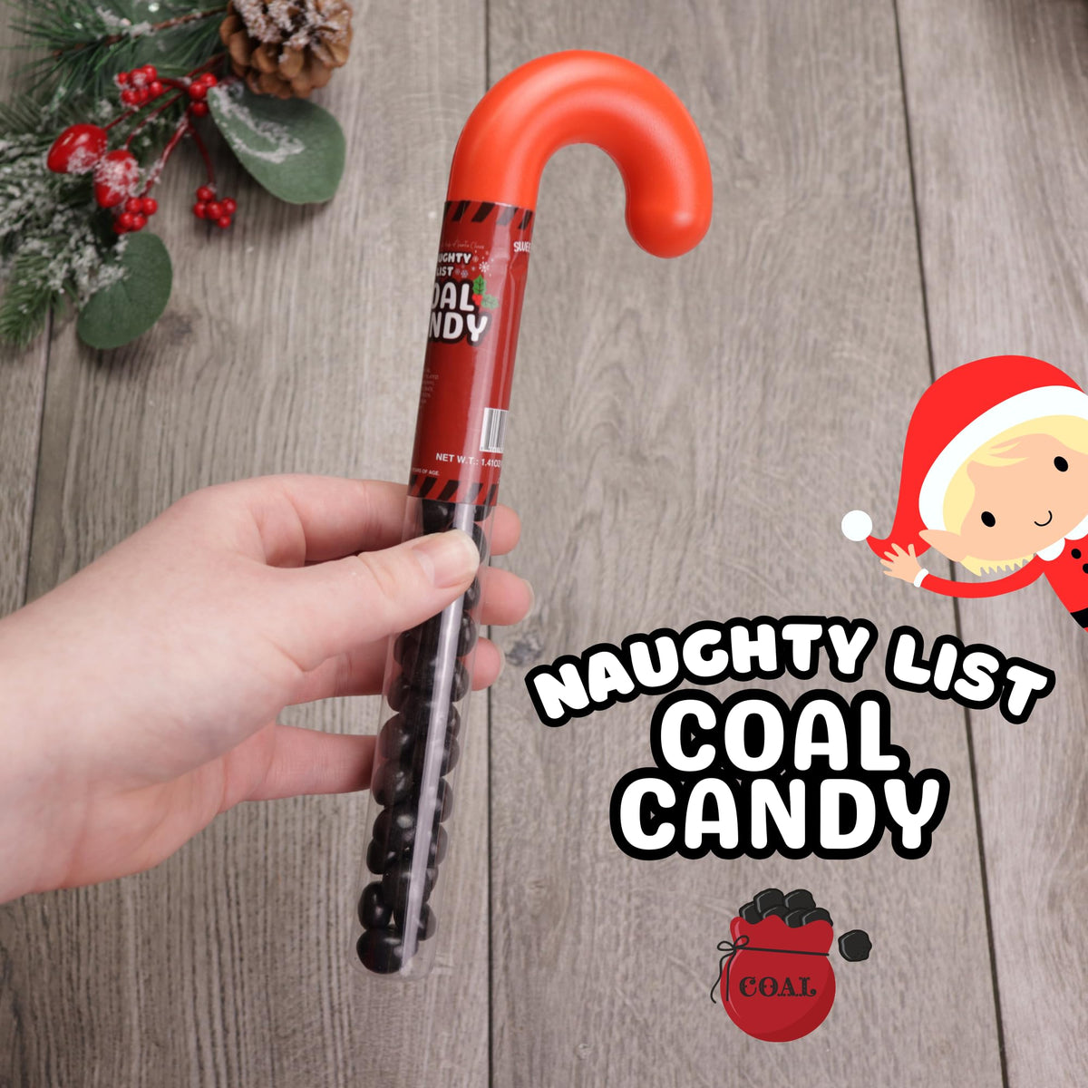Naughty List Coal Candy Canes, Funny Christmas Stocking Stuffer Gag Gifts, Strawberry Flavored Chewy Treats, 1.41 Ounces (Pack of 3)