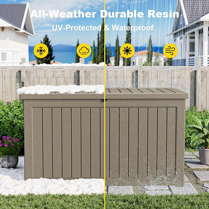 230 Gallon Outdoor Deck Box,Storage Lockable Waterproof Patio Furniture,Garden Tools,Cushions,Pool Accessories Outside Storage Resin Box(Grey)