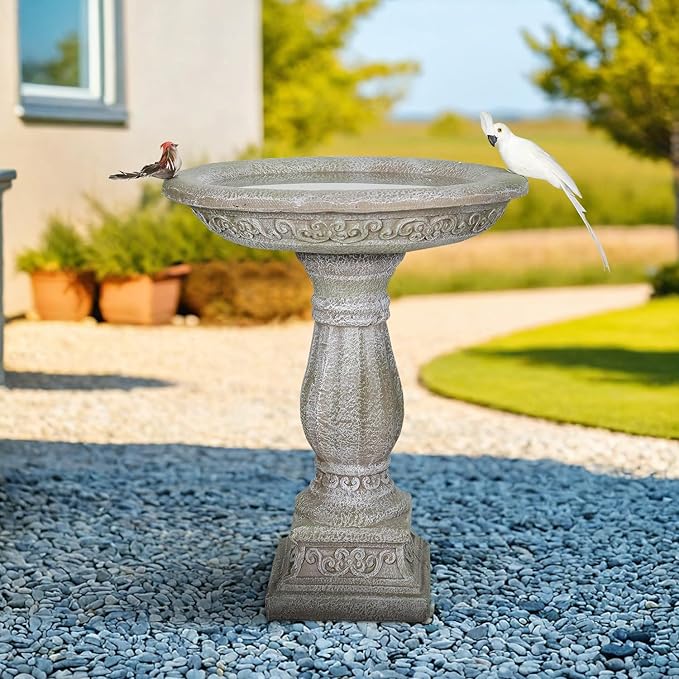 SunJet 23.8 Inch High Concrete Bird Bath with Carved Pedestal – Birdbath Sturdy & Elegant Design, Stone-Like Texture, Attracts Birds and Enhances Garden, Patio, Yard, Lawn Decor
