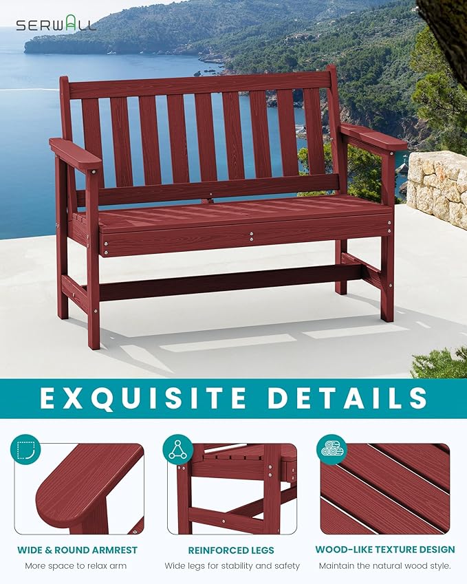 SERWALL Outdoor Bench, HDPE Outdoor Benches Weatherproof, 2-Person Garden Bench with 660 lbs Weight Capacity, Patio Benches for Outdoors, Garden, Porch, Backyard and Park, Red, 6 Pack