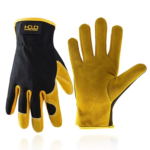 HLDD HANDLANDY Garden Gloves Men, Leather Work Gloves for Men & Women, Cowhide Gardening Gloves Utility Work Gloves for Mechanics, Construction, Driver (M, Yellow)