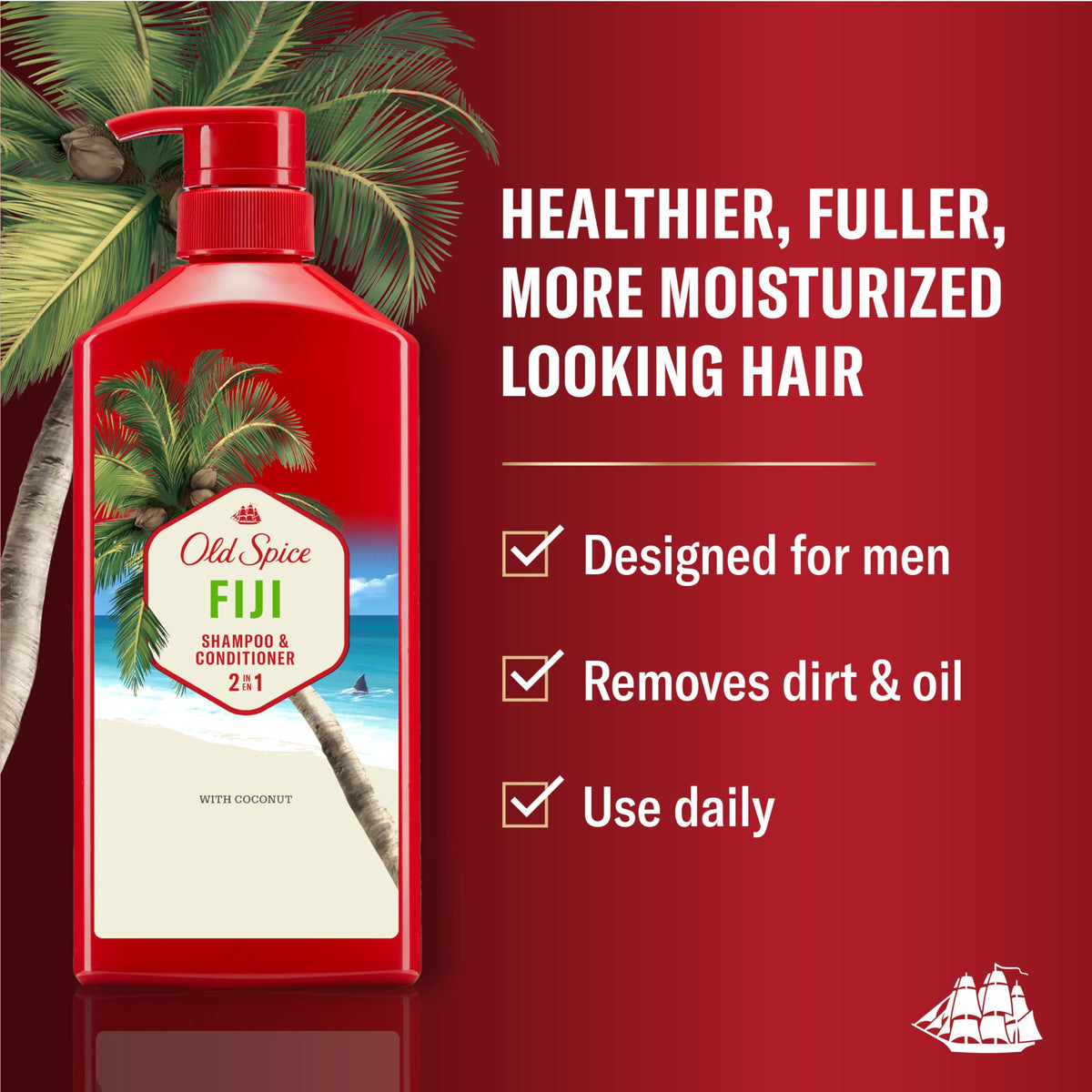 Old Spice Mens 2-in-1 Shampoo and Conditioner Set, Fiji, Coconut & Tropical Wood Scent, For All Hair Types, Healthier, Fuller, Moisturized Looking Hair, 21.9 fl oz Each, Twin Pack