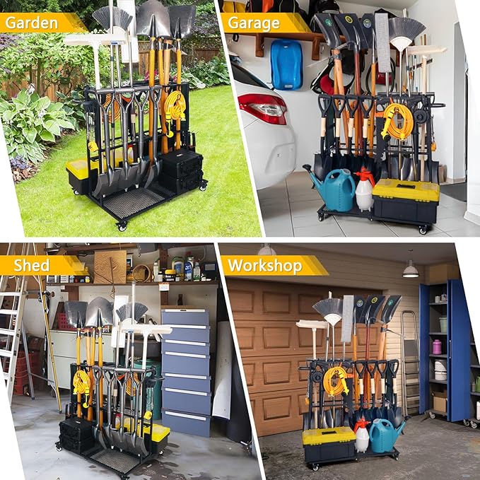 Garden Tool Organizer - Heavy Duty Garage Storage and Organization with Wheels - Large Garden Tool Storage Holder for Lawn Yard Patio Shed,Garage Shovel Rack