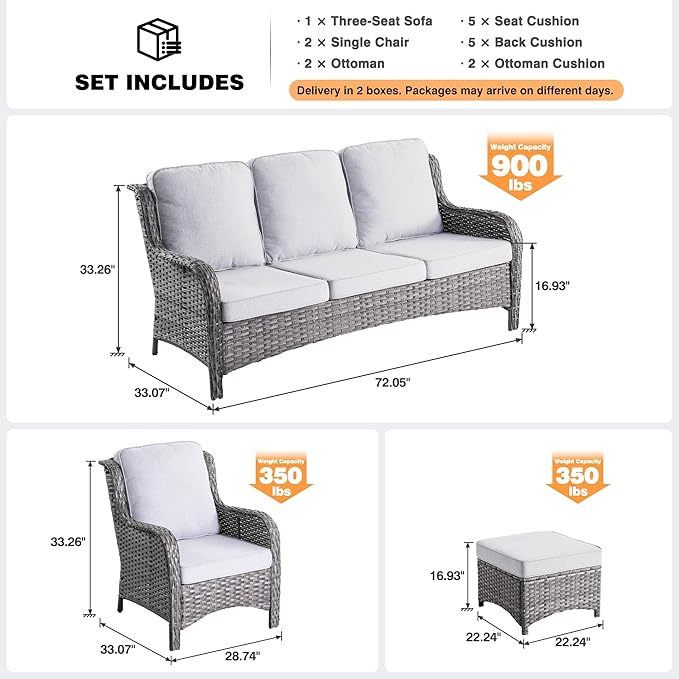 ovios 7 Pieces Patio Furniture Set, Outdoor Wicker Sofas with 4 Chairs, Ottomans and Comfy Cushions, All Weather High Back Couch Set for Deck Porch, Grey Rattan, Grey