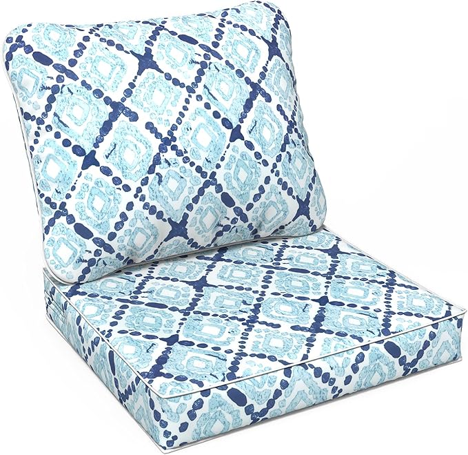 LVTXIII Outdoor Deep Seat Cushion Patio Seat and Back Cushion Set Seasonal Chair Cushion with Removable Cover and Adjustable Buckle for Home and Garden, 24"x24"x4", Boho Geometry Blue