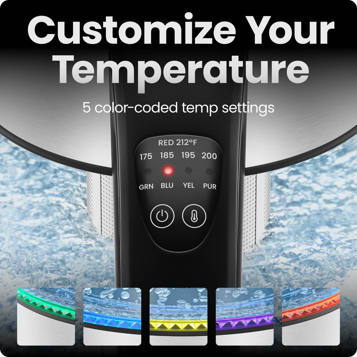 Chefman Electric Kettle with Temperature Control, 5 Presets LED Indicator Lights, Removable Tea Infuser, Glass Tea Kettle & Hot Water Boiler, 360° Swivel Base, BPA Free, Stainless Steel, 1.8 Liters