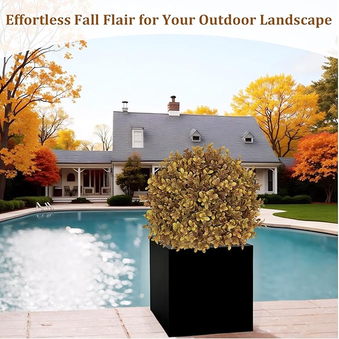 24" Tall Artificial Boxwood Ball Fall Topiary Trees Set of 2, UV Resistant Large Faux Plants Outdoor, 2ft Fake Bushes and Shrubs Look Real with Stake for Front Porch Outside Planter Backyard Decor