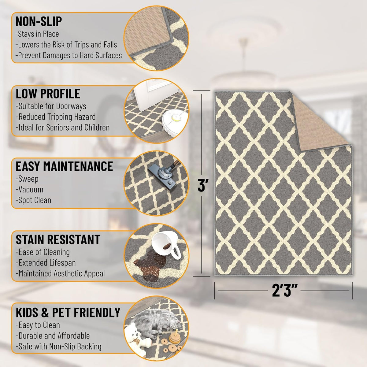 Ottomanson Rugs for Entryway 2'3" x 3' Non Slip Trellis Small Area Rugs Durable Front Door Mat Rug Stain Resistant Entrance Rugs for Bathroom Kitchen Bedroom & Living Room, Gray