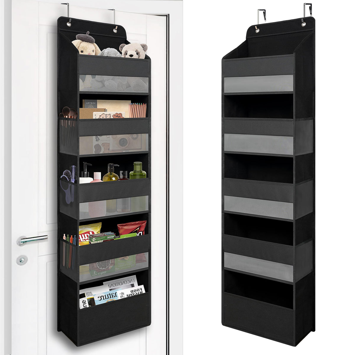 TYMENSH Black Over Door Organizer with 5 Large Pockets and 6 Side Mesh Pockets, Anti-Tilt Hanging Door Storage for Closet, Bathroom, Nursery, Bedroom, Dorm