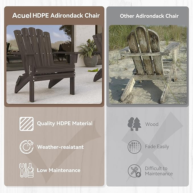 Folding HDPE Adirondack Chair, Weather-Resistant Patio Chair with Wide Armrests & High Backrest, Fire Pit Chair for Garden, Backyard, Porch - Dark Brown