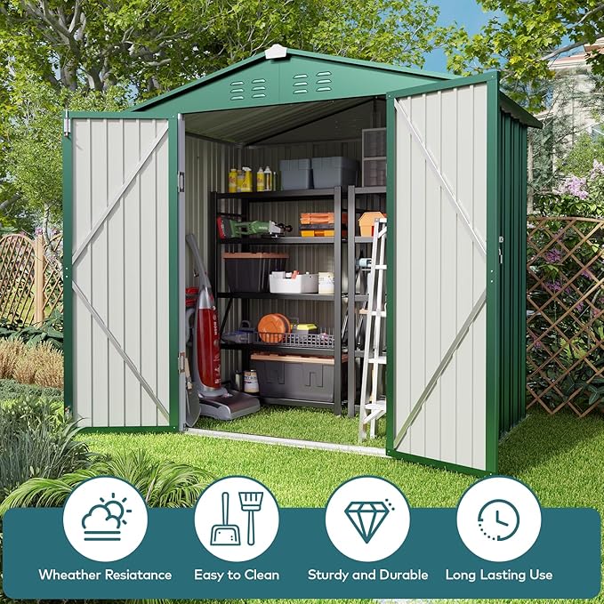 Gizoon Outdoor Storage Shed 6 x 4 FT, Galvanized Metal Garden Shed with Double Lockable Doors, Outdoor Storage Clearance for Backyard Patio Lawn-Green