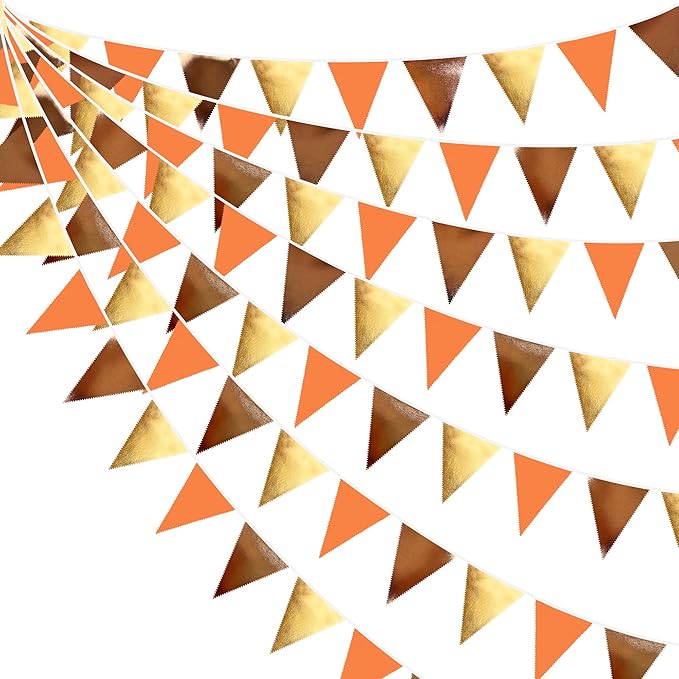 Fall Party Decorations Orange Gold Brown Metallic Fabric Triangle Pennant Banner Flag Bunting Garland for Autumn Fall Thanksgiving Wedding Birthday Bridal Shower Engagement Graduation Party Supplies