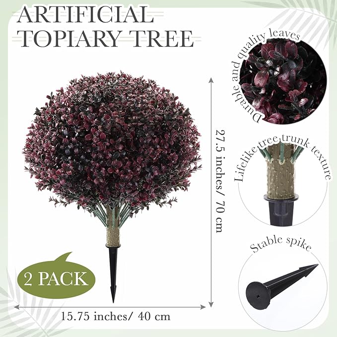 Yunlly 2 Pack 18" Artificial Boxwood Ball Bush Topiary Trees Fake Outdoor Plants, Realistic UV Resistance Faux Shrubs with Spike Greenery Topiary for Front Porch Garden Yard Patio Indoor (Dark Purple)