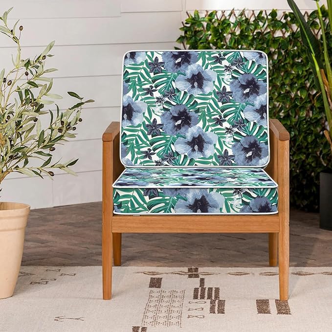 LVTXIII Patio Chair Cushions 22"x22"x3", Water-Repellent Outdoor Seat Cushions for Patio Furniture, Square Chair Pads with Ties for Home Garden Decoration, Set of 2, Blue Salmone Tropical
