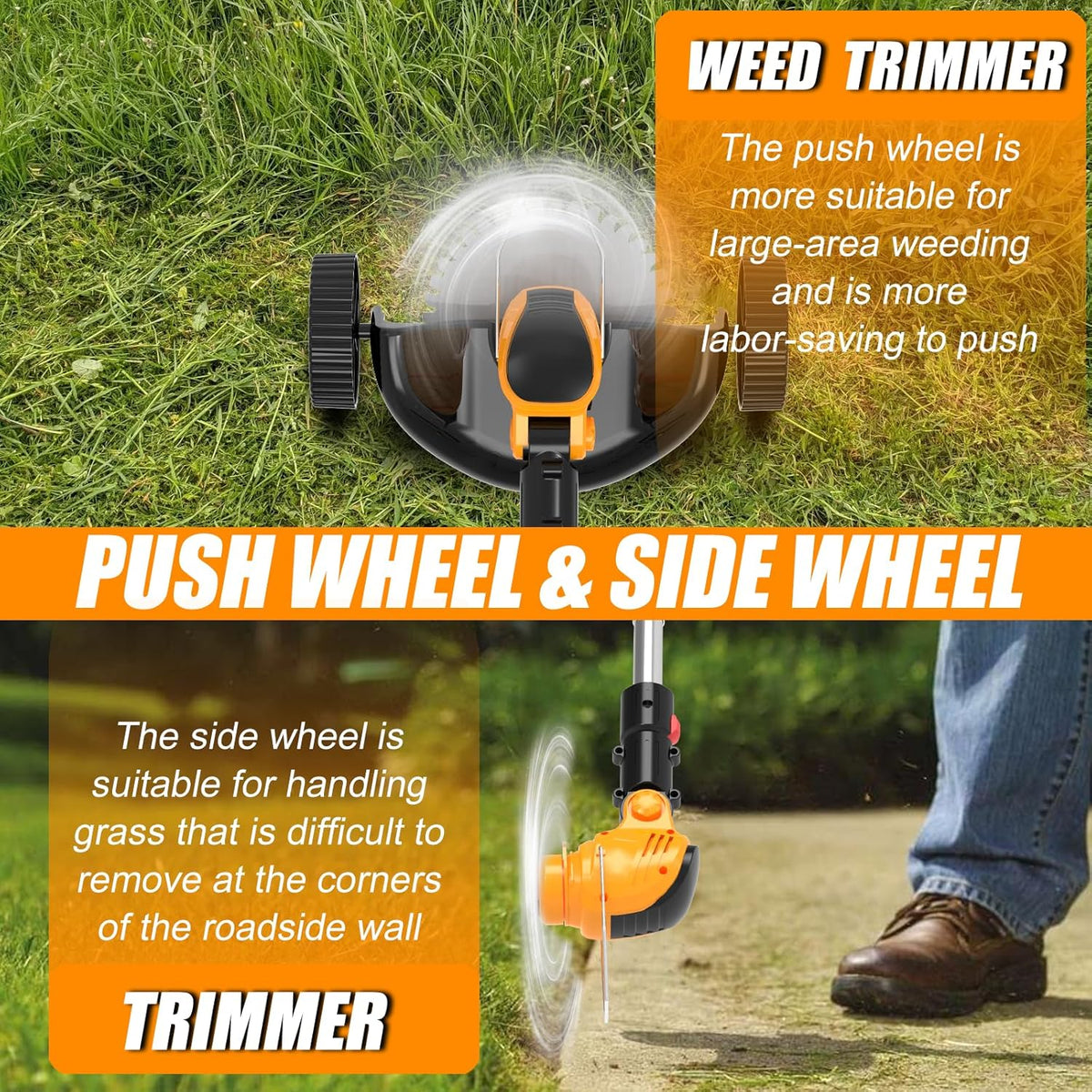 Electric Weed Wacker Cordless Eater, Battery Powered No String Grass Trimmer with 2 21V/4Ah Battery Operated&3 Types Blade&Wheels, Lightweight Weed Trimmer/Edger Lawn Tool for Garden Yard - Orange