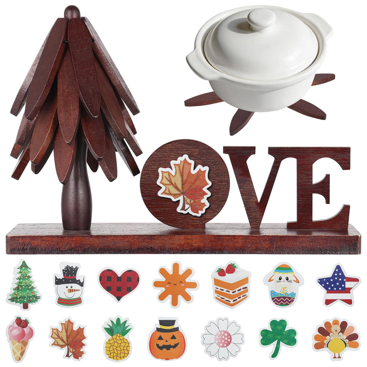 Super Holiday 4 Pcs Trivets for Hot Dishes, Wooden Tree Trivet Stand Set