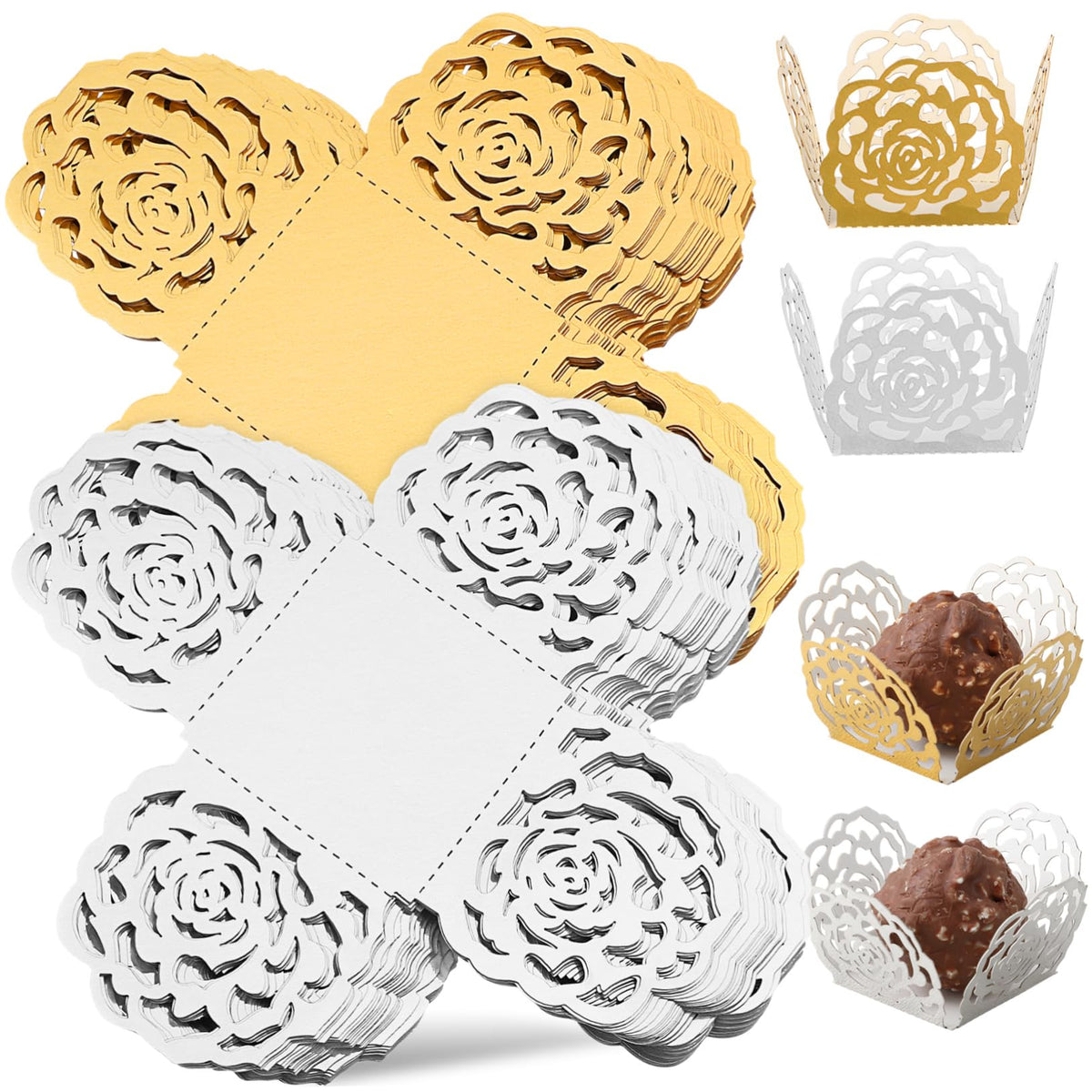 Mobestech 100Pcs Chocolate Truffle Wrappers Hollow Rose Flower Dessert Cups for Wedding Party Decoration and Reflective Chocolate Liners