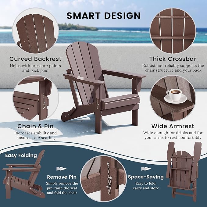 Westin Outdoors Laguna WO Home Outdoor Adirondack Folding Chair Lounger Seat Traditional Retro Home Furniture for Beach, Balcony, Backyard, Lawn, Patio, Pool, Deck, Garden (Dark Brown)