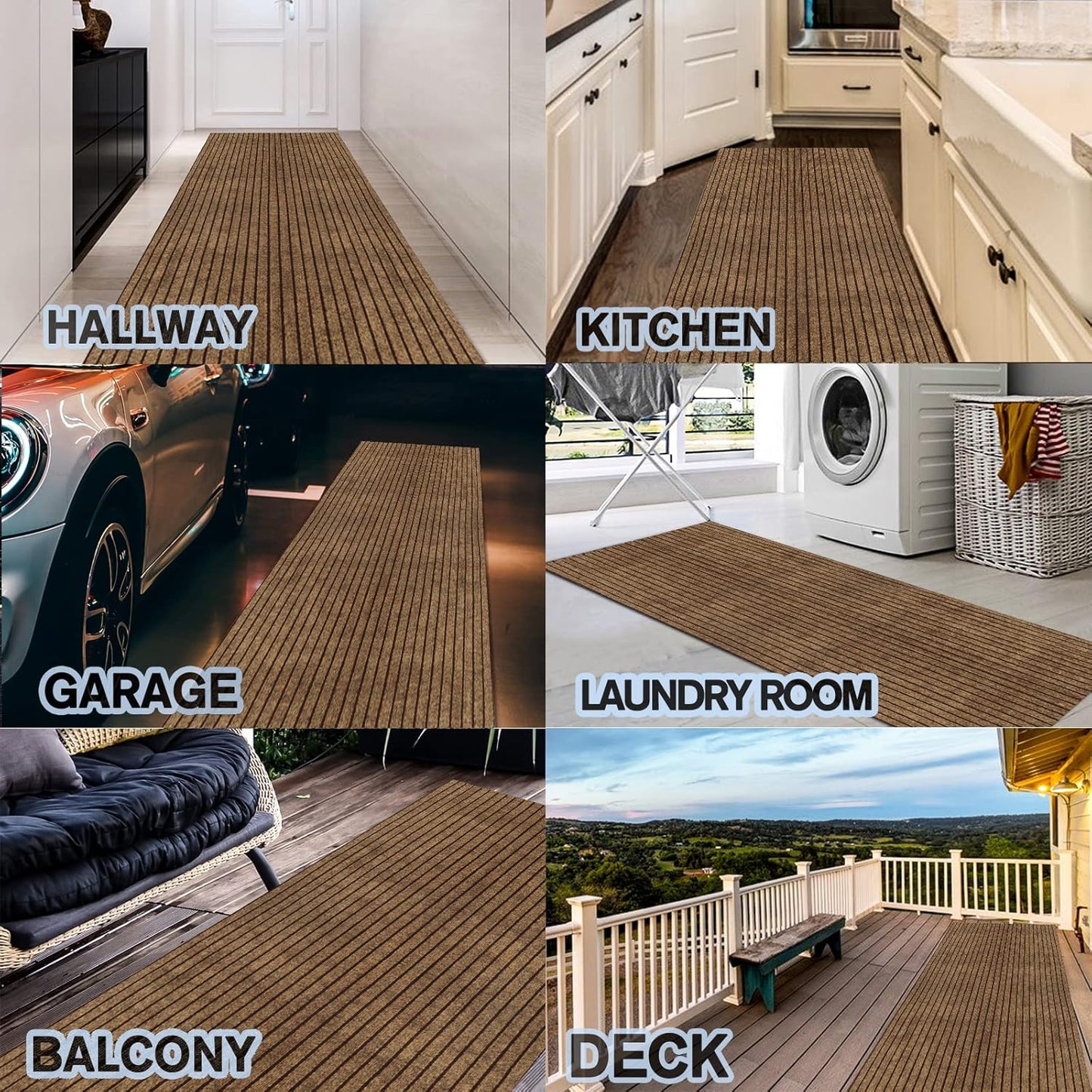 Custom Size Backed Non-Slip Area Rugs Runner, Easy Clean, Waterproof Runner Rugs for Hallway Entryway, Kitchen, Laundry, 3FT x 43FT, Brown Stripe