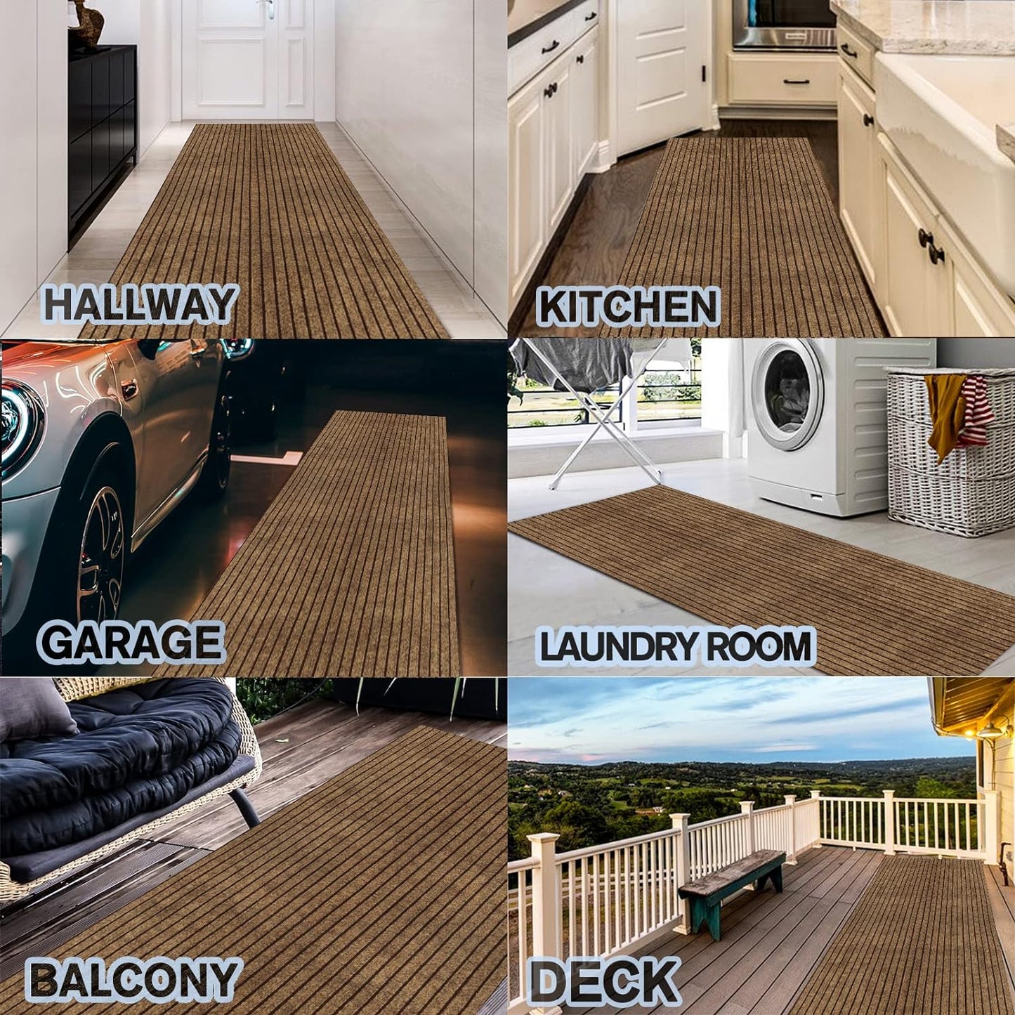Custom Size Backed Non-Slip Area Rugs Runner, Easy Clean, Waterproof Runner Rugs for Hallway Entryway, Kitchen, Laundry, 3FT x 35FT, Brown Stripe