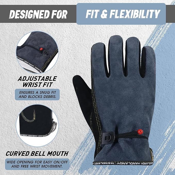 HLDD HANDLANDY Leather Work Gloves for Men & Women, Adjustable Wrist Cowhide Gardening Glove with Reinforced Palm for Driver