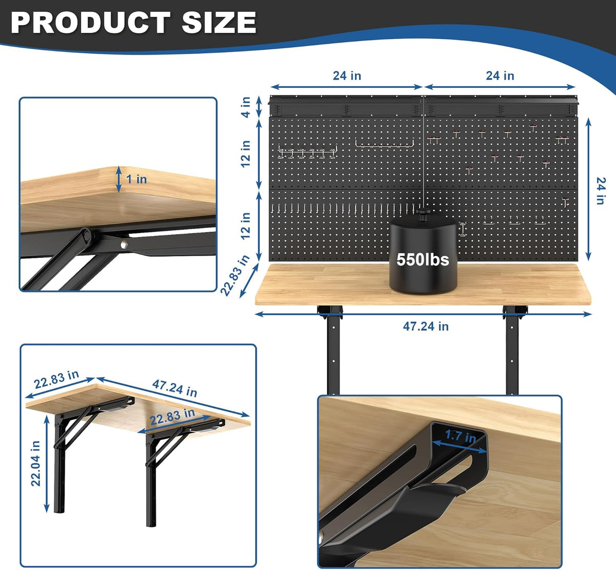 Ultrawall Wall Mounted Workbench with Pegboard, Folding Down Work Table Metal Pegboard Wall Organizer for Garage, Workshop, 48”X24”