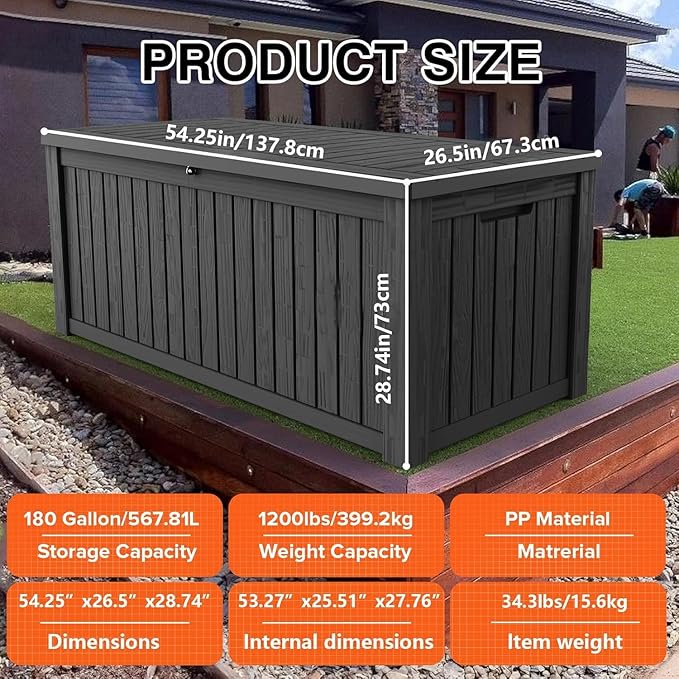 180 Gallon Resin Deck Box, Waterproof Outdoor Storage Bin for Patio Furniture, Pool Accessories, and Garden Tools, Lockable & UV-Resistant, Black