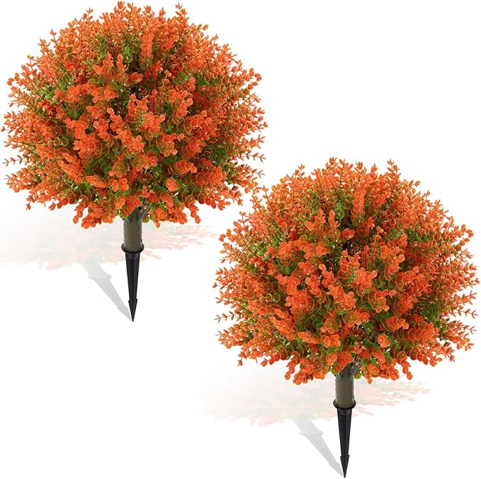 Yunlly 2 Pcs 18 Inch Fall Artificial Boxwood Ball Topiary Tree Outdoor Plants Bush, UV Resistance Faux Shrub with Spike Fall Porch Decor for Indoor Garden Yard Porch Patio Decor (Orange)