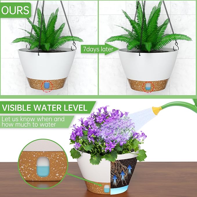 ZMTECH Hanging Planters for Indoor Plants Set of 2 Self Watering Hanging Pots Hanging Baskets Hanging Flower Pots for Outdoor Hanging Plants(8 Inch, White)