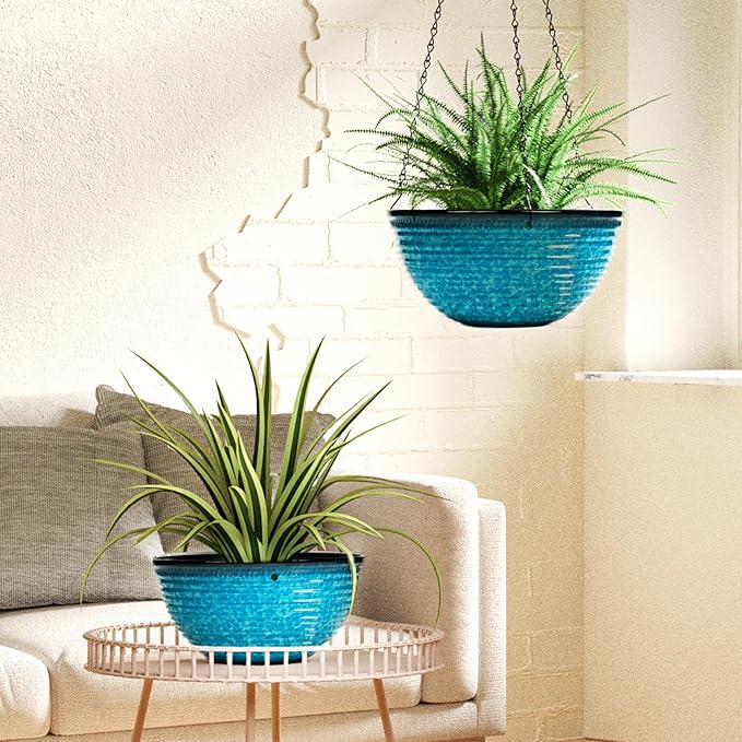 10 Inch Hanging Planter, 2 Pack Hanging Planters for Indoor Outdoor Plants Self Watering Hanging Pots with Drainage Holes for Garden Home (Snowflake Blue)