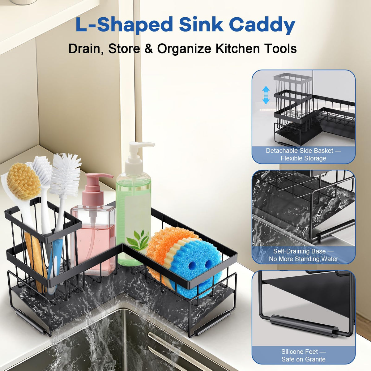 RealPlus Large Sponge Holder for Sink Caddy, 90° Kitchen Sink Organizer
