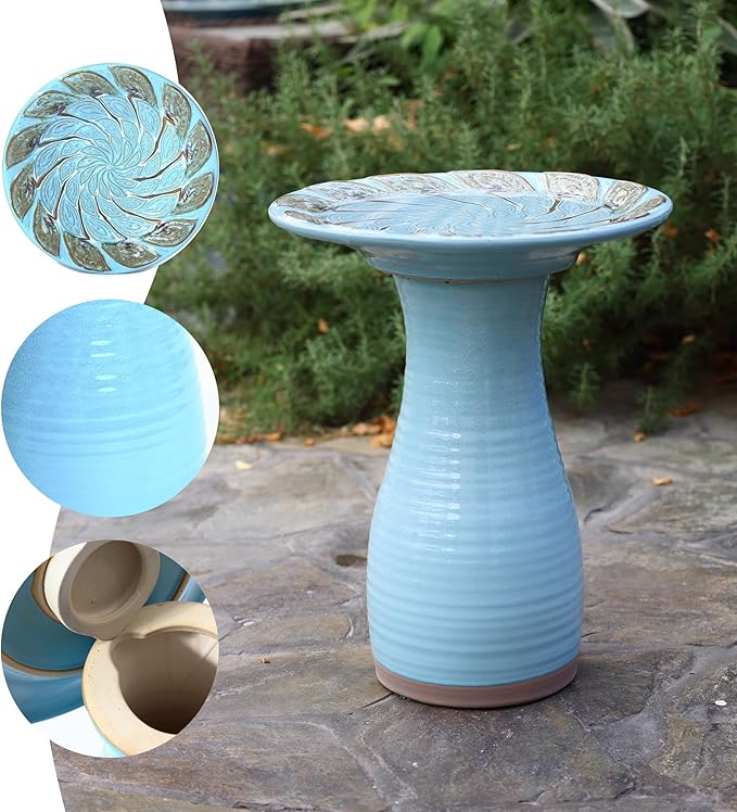 LuxenHome 20 Inch Ceramic Bird Bath for Outside, Elegant Tall Outdoor Bird Bath, Lightweight Pedestal Glazed Birdbaths for Outdoors with Leaf Pattern, Sky Blue