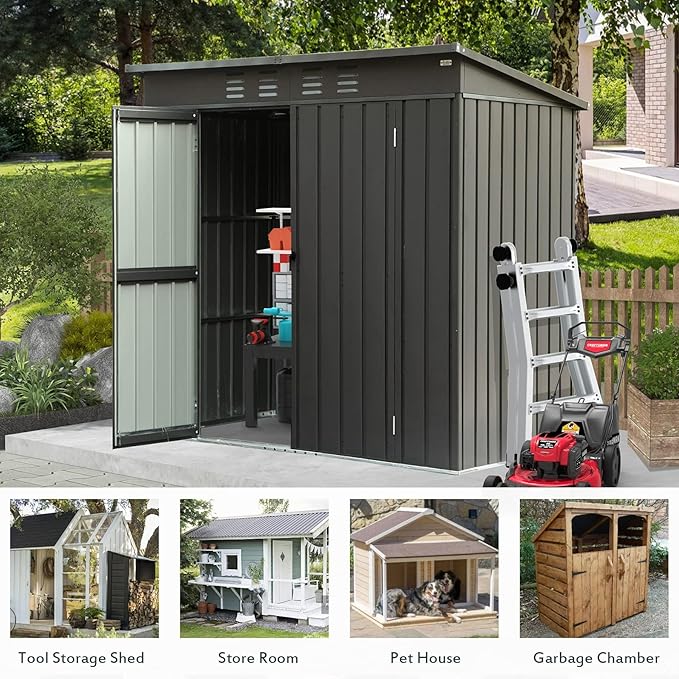 Domi Outdoor Storage Shed 5' x 3’, Metal Garden Shed with Galvanized Steel Frame for Bike, Tools, Lawn Mowers, Pool Toys, Outdoor Storage Cabinet with Lockable Door for Garden Lawn Patio (Dark Grey)