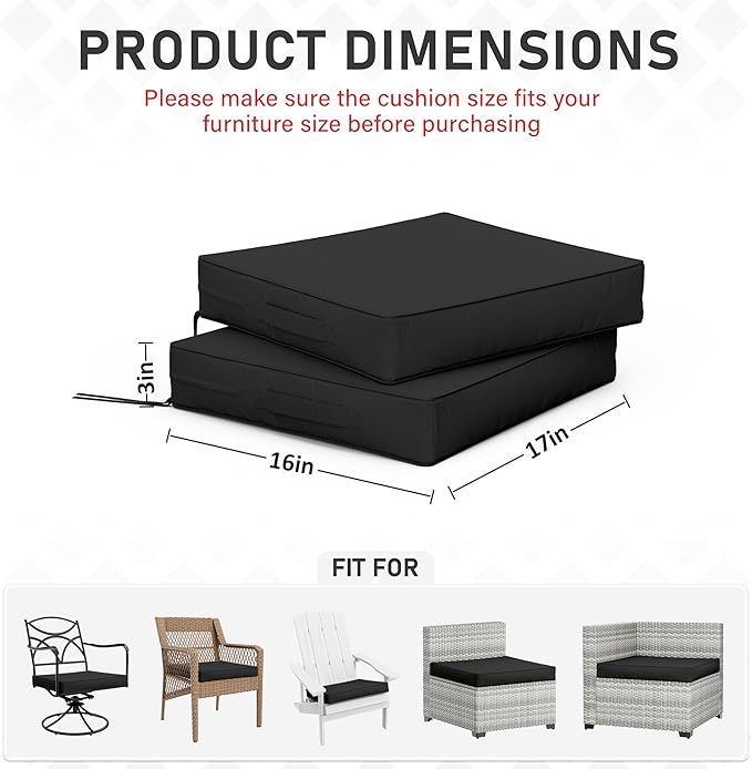 Patio Chair Cushions 17 X 16 X 3 Inch Waterproof Outdoor Seat Cushions for Patio Furniture, Outdoor Sofa Couch Pads with Ties & Handle, Set of 2, Black