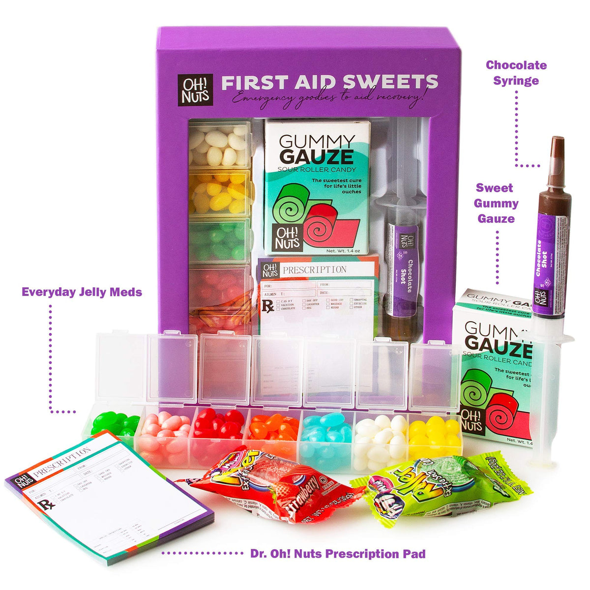 Oh! Nuts Get Well Soon Gift Basket - Candy Care Package - Edible Doctor Pretend Kit Box - Jelly Bean Pills, Gummy Gauze, Chocolate Syringe - For Girl