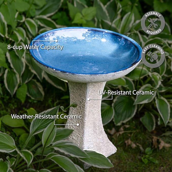 Sunnydaze Ceramic Bird Bath for Outside - 16" H - UV- and Frost-Resistant - Pedestal Bird Bath - Blue Glazed Bowl - White Lava Finish