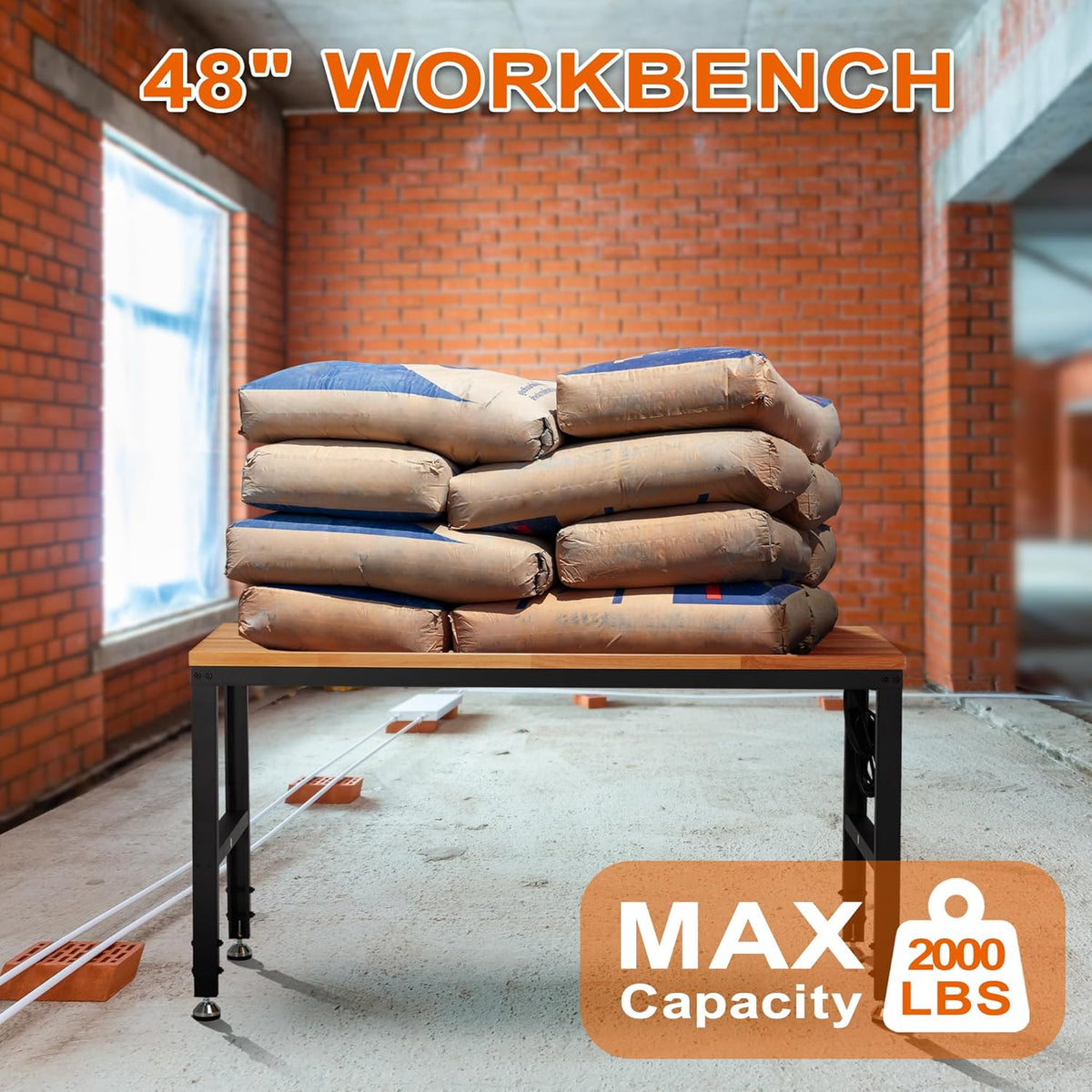 Haddockway Adjustable Workbench for Garage,48"x 24" Rubber Wood Top Worktable with Power Outlets, Max 2000 Lbs Load Capacity Heavy Duty Workstation for Workshop Office Home (Black Frame, 48in)