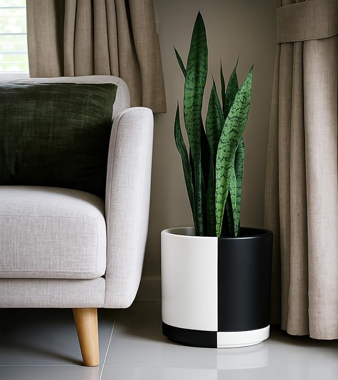 D'vine Dev 12 Inch Ceramic Planter Pot with Drainage Hole and Saucer, Indoor Cylinder Round Planter Pot, Split Monochrome Black & White, 94-O-F-0