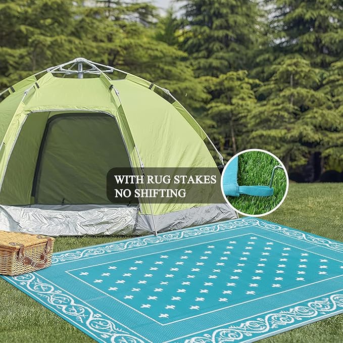 Pauwer Waterproof Outdoor Rug 9x12, Reversible Plastic Straw Patio Camping Rug, Indoor Outdoor RV Mat Carpet for Deck, Camper, Porch, Balcony, Backyard, Picnic, Bordered Teal