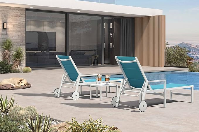 PURPLE LEAF Outdoor Chaise Lounge Set Adjustable Sunbathing Recliner with Armrest and Side Table for Poolside Beach Outside Patio Aluminum Chaise Lounger Blue