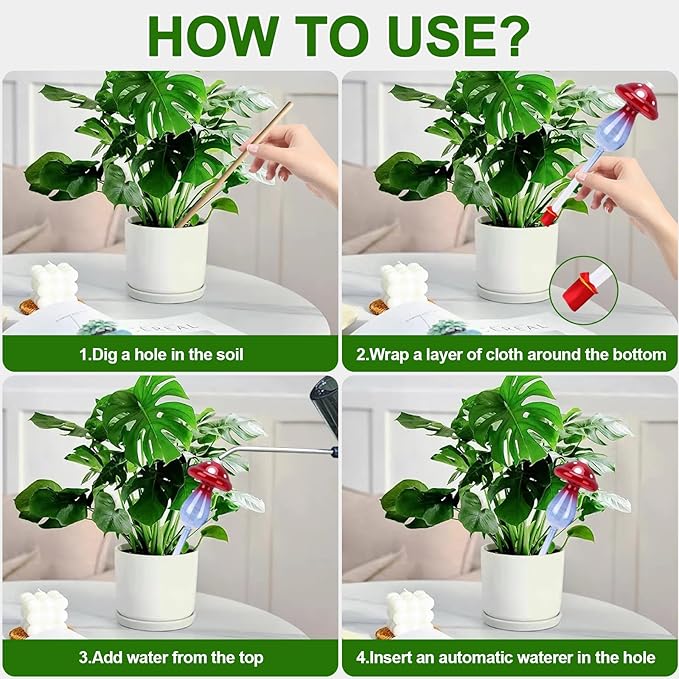 Headley Tools Plant Watering Globes Mushroom, Glass Plant Watering Globes, Self Watering Planter Insert, Cute Self Watering Globes - (4 PCS)