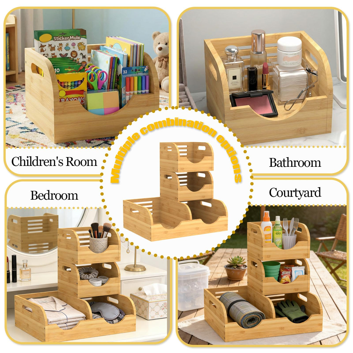 WHEEXIAG Potato and Onion Storage Bin, Made of bamboo, With 2 banana hooks