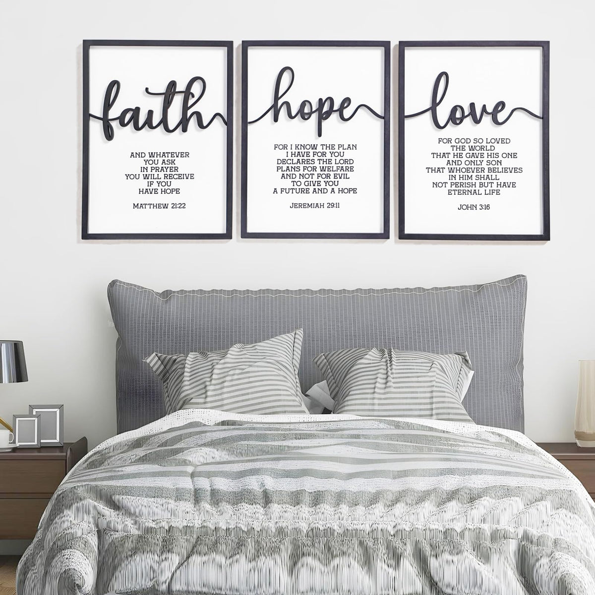 3D Wood Faith Hope Love Wall Decor, Christian Wall Art Bible Verses Wall Decor Scripture Wall Art for Bedroom Bathroom Kitchen Living Room Office(12x16 inches, Set of 3, Framed)