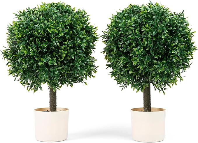 Premium 16" Diameter Artificial Japanese Boxwood Topiary – Set of 2 Faux Plants in Beige Decorative Planters – Realistic, UV-Resistant, Weatherproof Outdoor & Indoor Décor