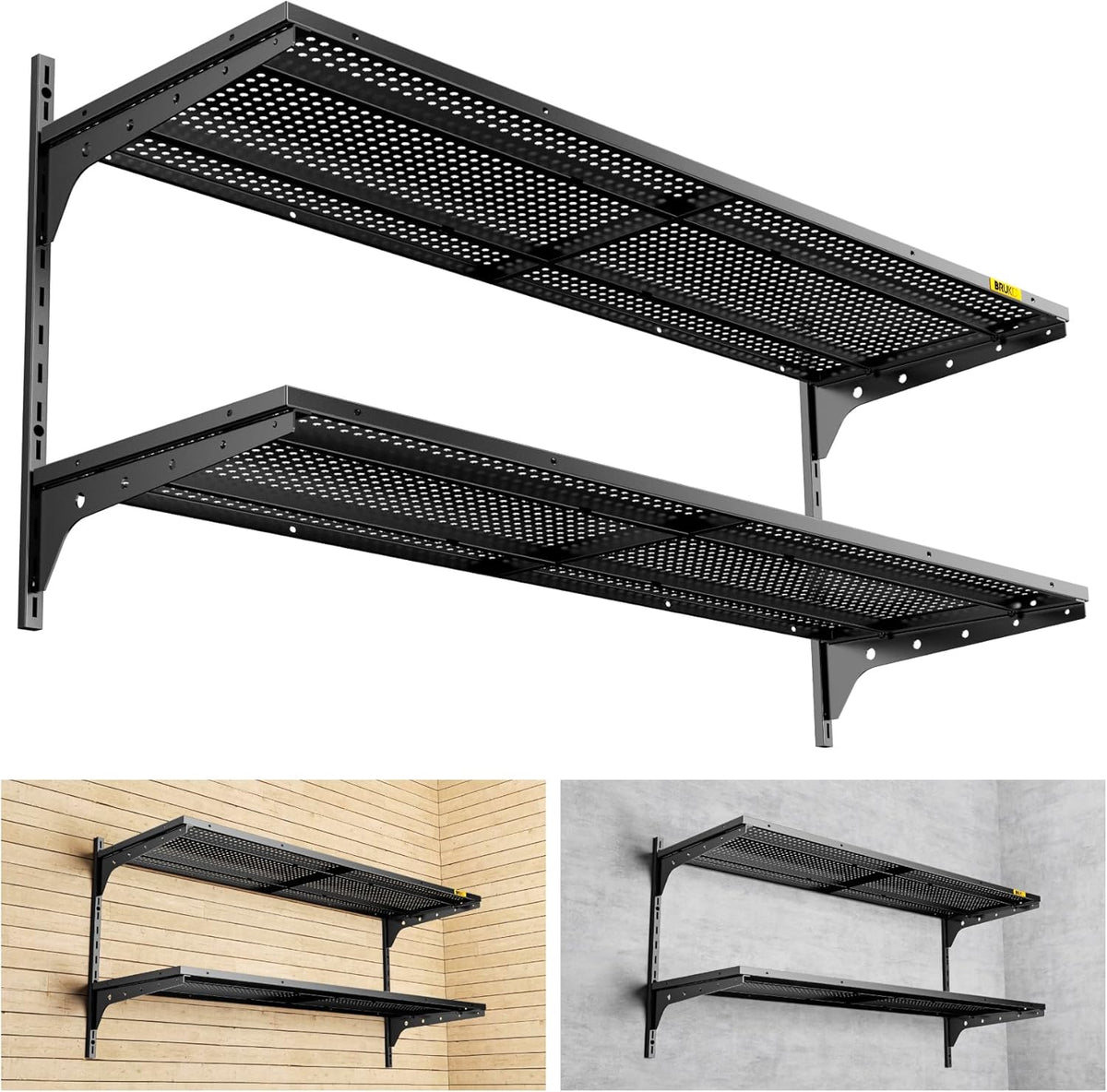 2 Tier 1.3x4ft Garage Shelving Wall Mounted, 400 lbs Load Capacity，15.6x48inch per Shelf Height Cassette Adjustable Floating Shelves(Black)