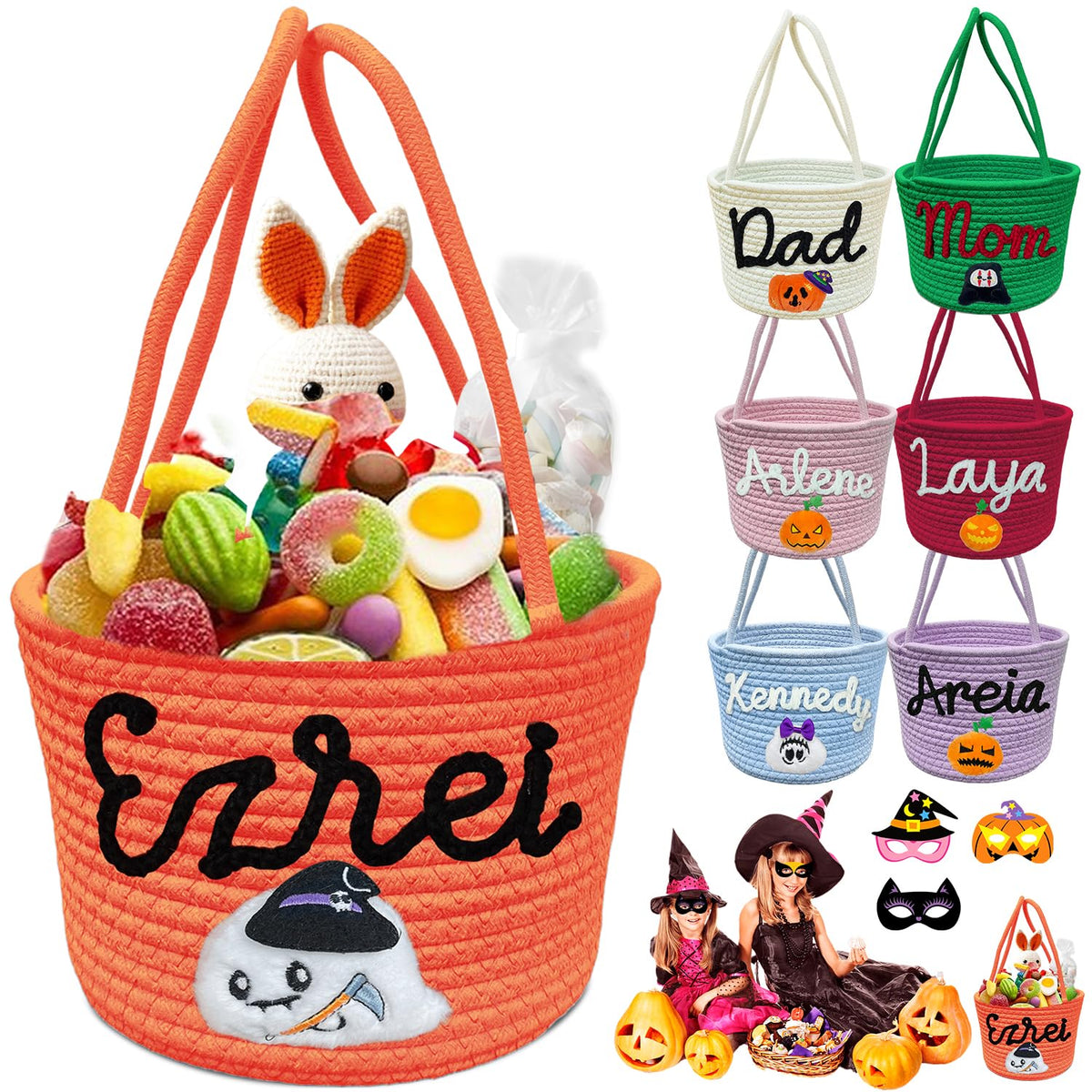 Personalized Halloween Basket, Trick or Treat Bags with Name for Kids Boys Girls Custom Woven Candy Bucket Pumpkin Gifts