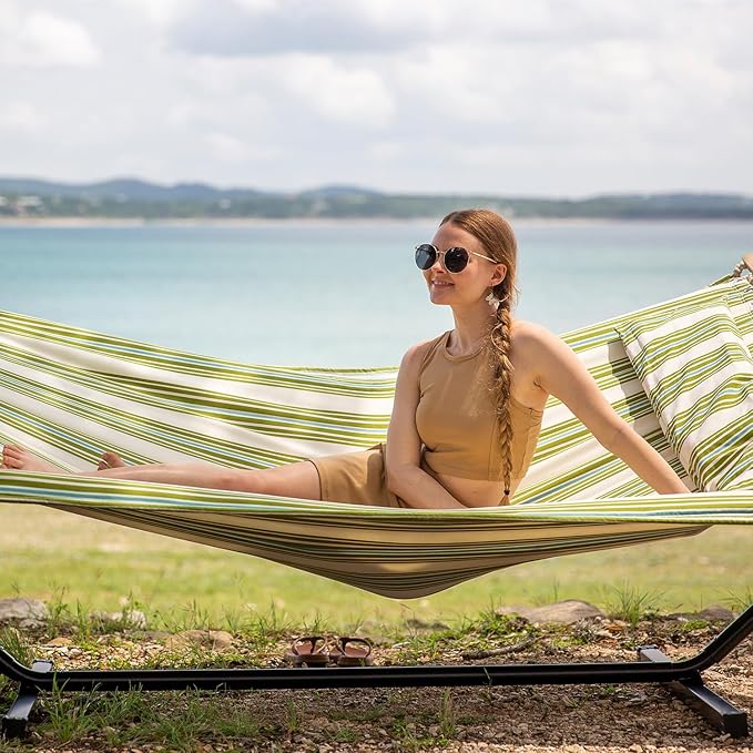 SUNCREAT Portable Double Hammock with Stand, 475 lbs Capacity, Heavy Duty Two Person Hammock with Stand Included, Green Stripe
