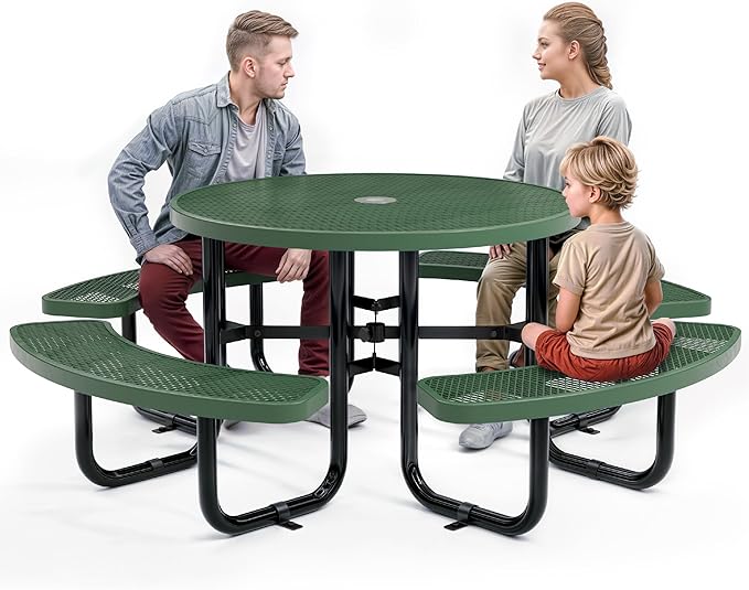 Metal Picnic Tables for Outdoors with Umbrella Hole - Coated Steel Heavy Duty Commercial Grade Table with Adjustable Seats (Green, 46 in, Round, Expanded Steel)