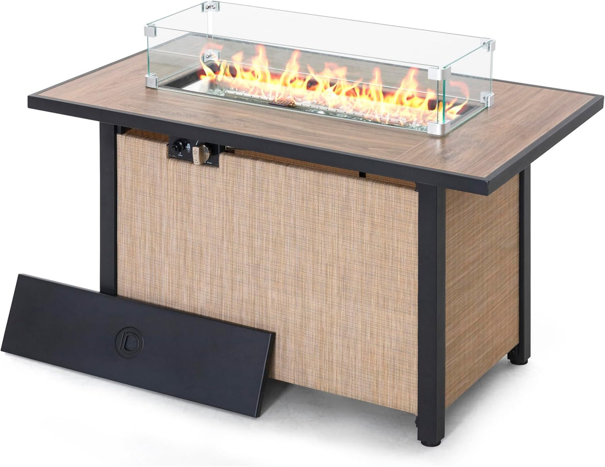Nuu Garden 43" Propane Fire Pit, CSA-Listed Outdoor Fire Pit Table, 50000 BTU Gas FirePit with Lid, Glass Wind Guard, Glass Beads, 2-in-1 Rectangular FirePit for Outside Backyard Patio, Light Brown